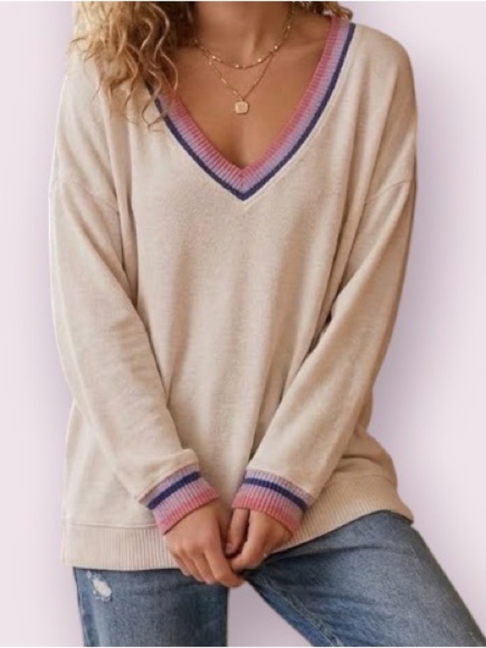 Anthropologie Saturday Sunday Oversized Cream Sweater Pink Purple Blue Trim Med